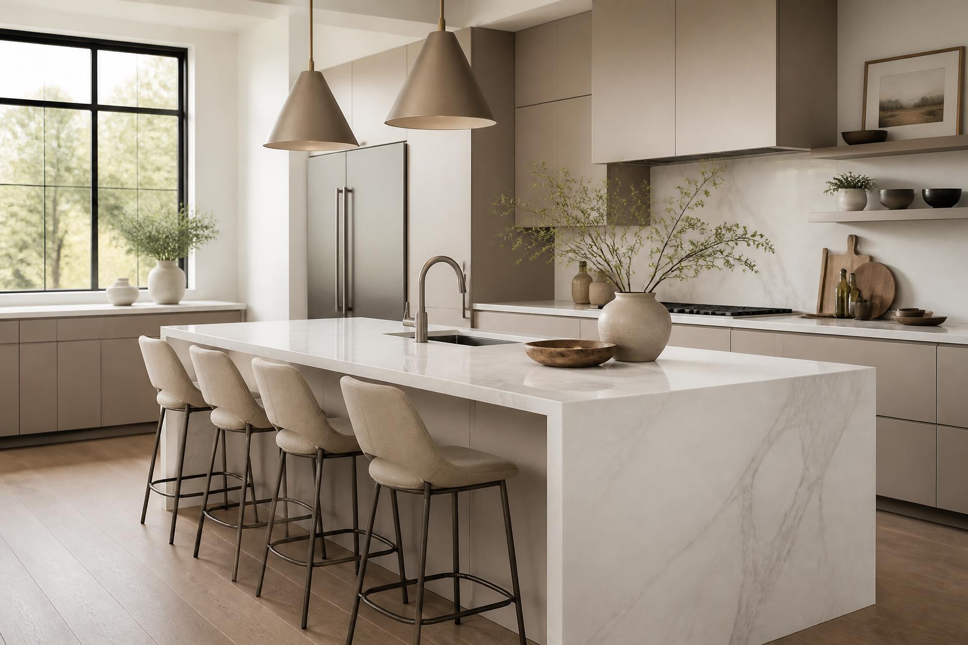 Cozinha com bancada e ilha em mármore branco